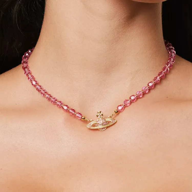 Vivienne Westwood Brass Crystal Saturn Beaded Necklace Women's Peach Pink Diamond/Gold-1
