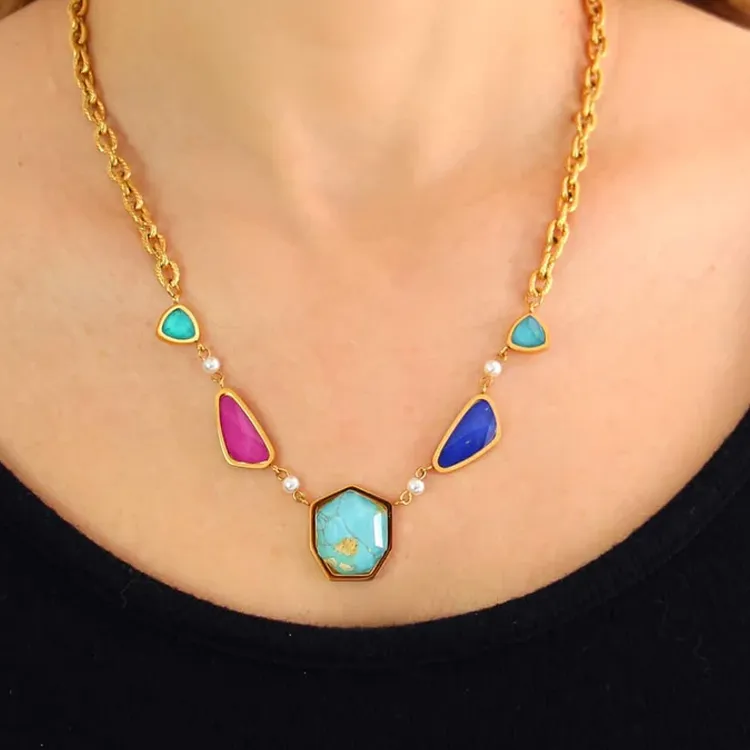 ANARTXY Surgical Steel Gemstone Necklaces Women's Green/White-2