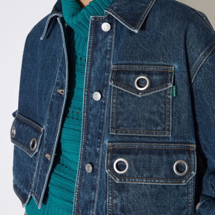 CARVEN FW23 Lapel Fitted Straight Long-Sleeved Denim Jacket Women's Denim Blue-6