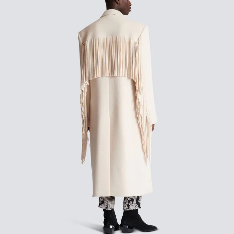 BALMAIN Single breasted Fringed Maxi Coat-2