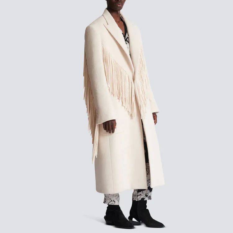 BALMAIN Single breasted Fringed Maxi Coat-3