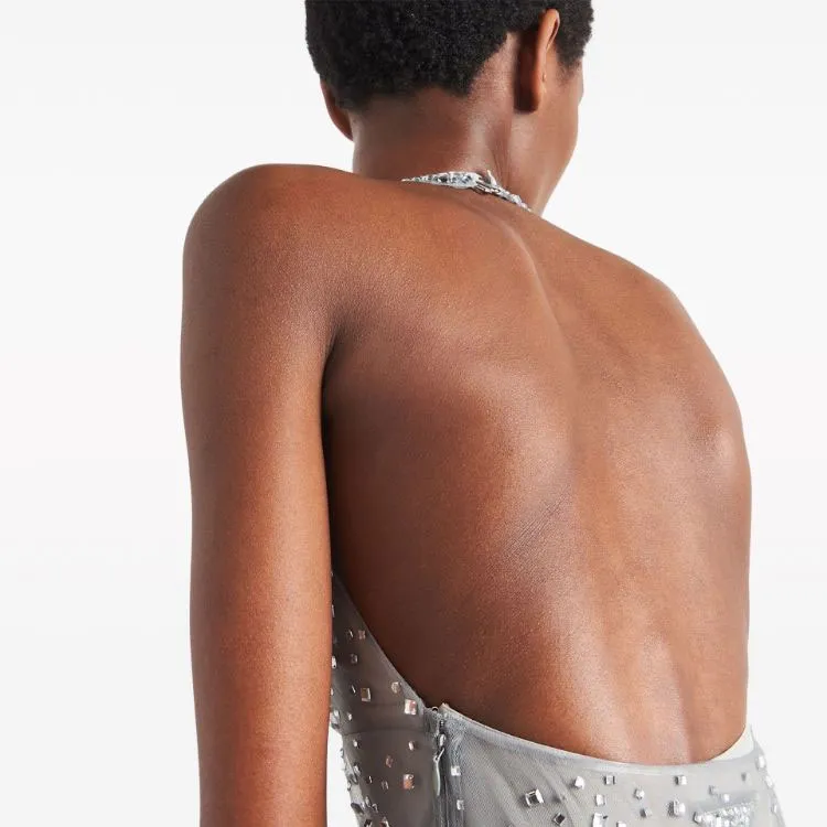 PRADA Crystal embroidered Halterneck Tulle Dress-4