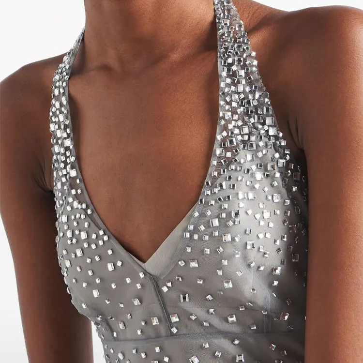 PRADA Crystal embroidered Halterneck Tulle Dress-3