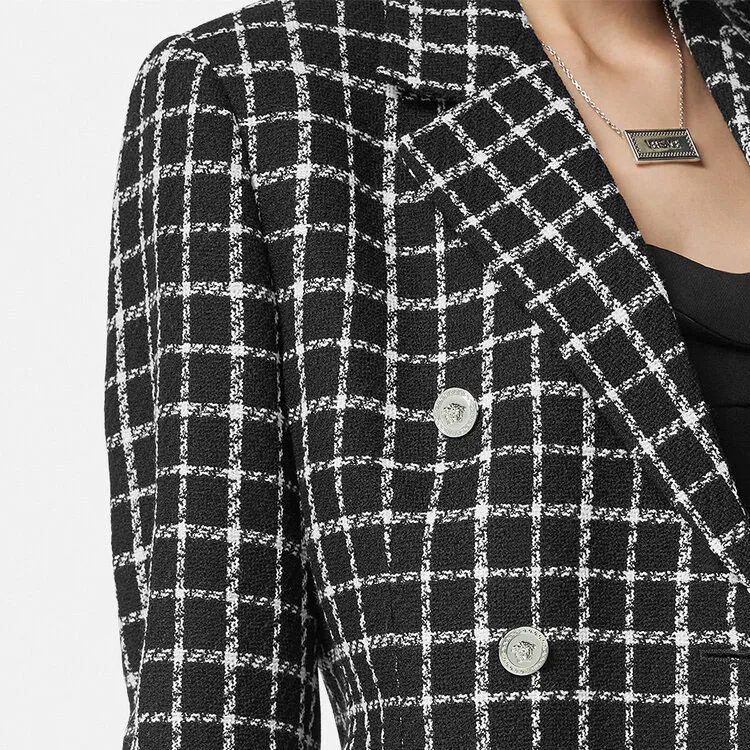 VERSACE Double-Breasted Checked Tweed Blazer-1