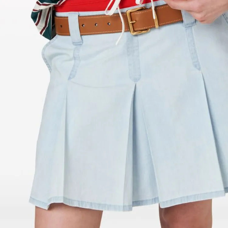 MIU MIU Low rise Pleated Chambray Skirt-5