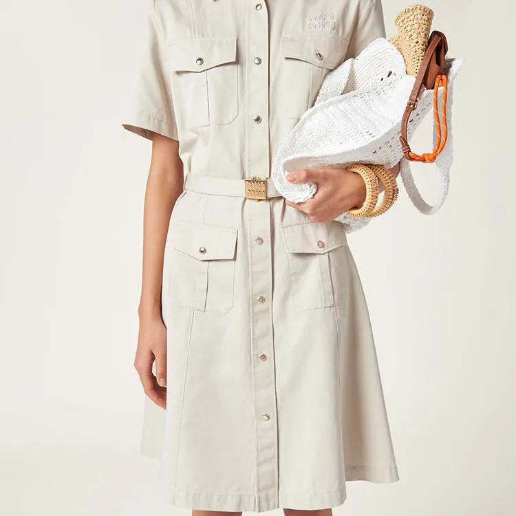 MIU MIU Logo-Patch Belted Shirt Dress-2