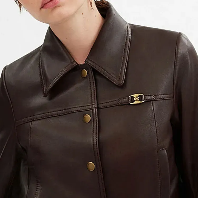 COACH Leather Jacket Women's Umber-3