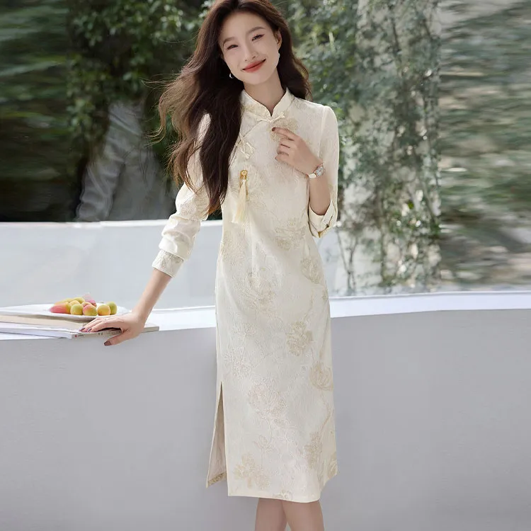 Mo Han Yi Mei Long Sleeved Dress Women's Ecru-3