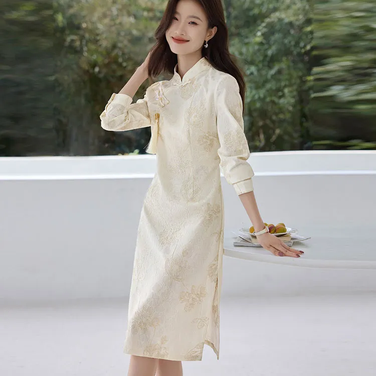 Mo Han Yi Mei Long Sleeved Dress Women's Ecru-1
