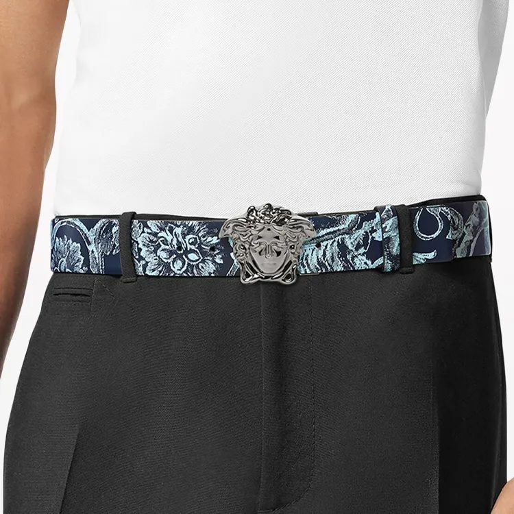 VERSACE Baroque Print Design Smooth Buckle Leather Belts Men's Blue-1