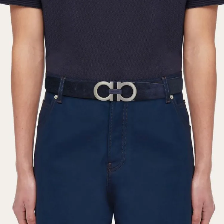 FERRAGAMO Logo Emblem Design Smooth Buckle Suede Leather Belts Men's Blue Width 3.5CM-2