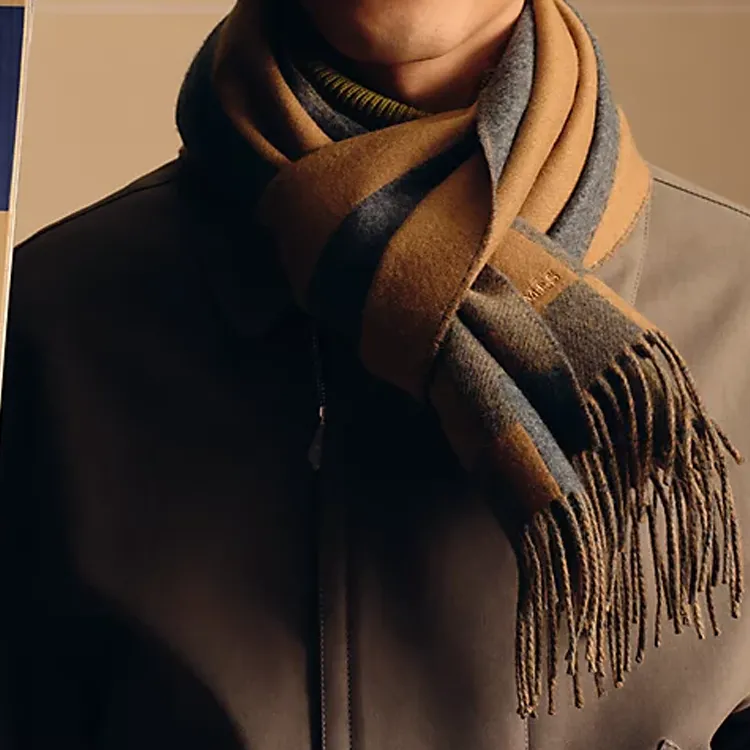 HERMES Cashmere Knit Scarves Men's Camel/Medium Gray-1