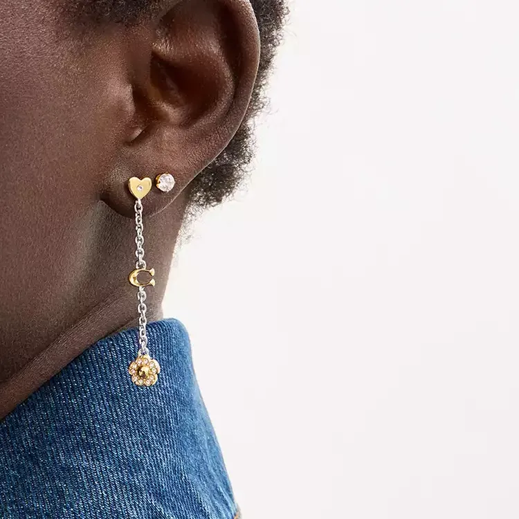 COACH Brass Plated, Glass, Cubic Zircon, Titanium Drop Earrings Women's Gold-2