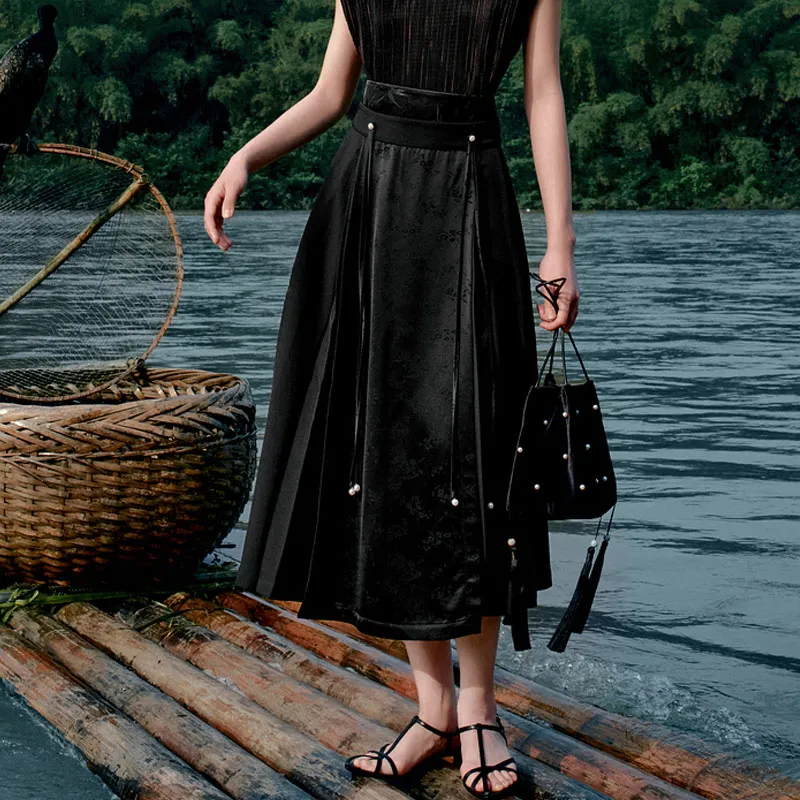JZ. ANNAKRO Casual Long Skirt Women's Plain Black-1