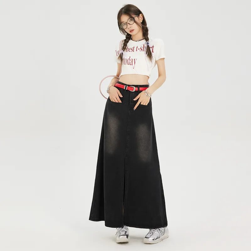 FHMY Denim Long Skirts Women's Black Gray Color-1