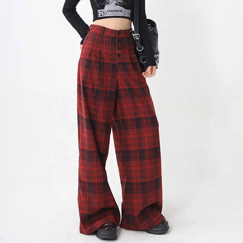 YINLEI Casual Pants Women's Red Plaid-2