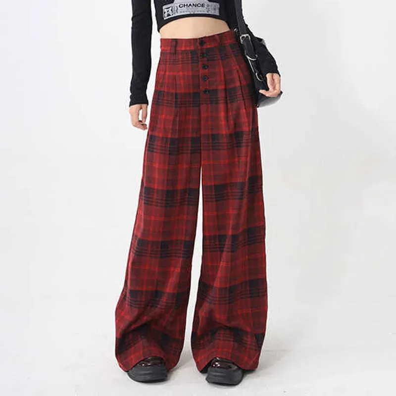 YINLEI Casual Pants Women's Red Plaid-1