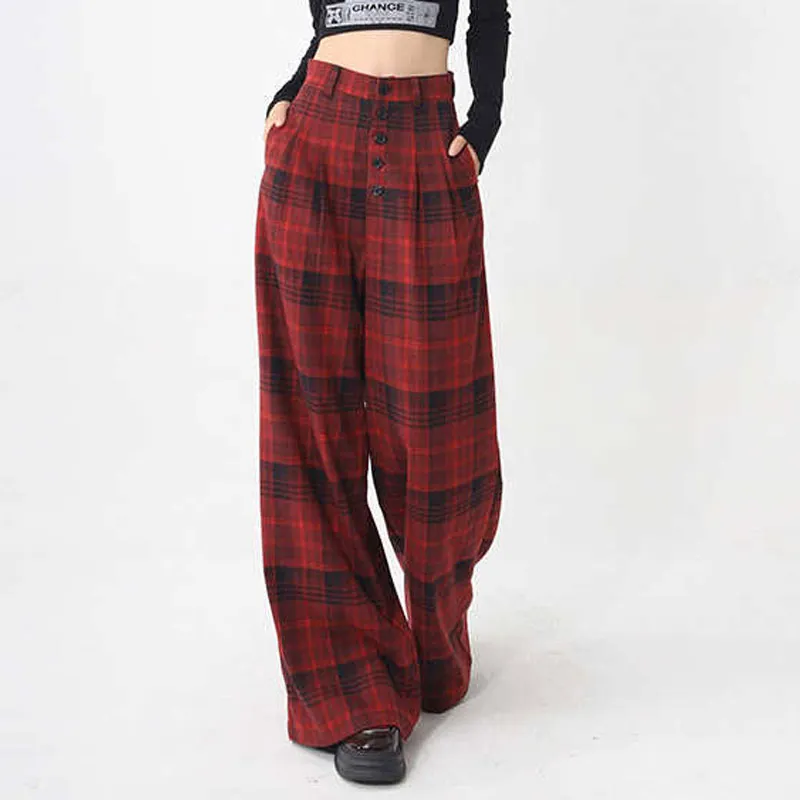 YINLEI Casual Pants Women's Red Plaid-3