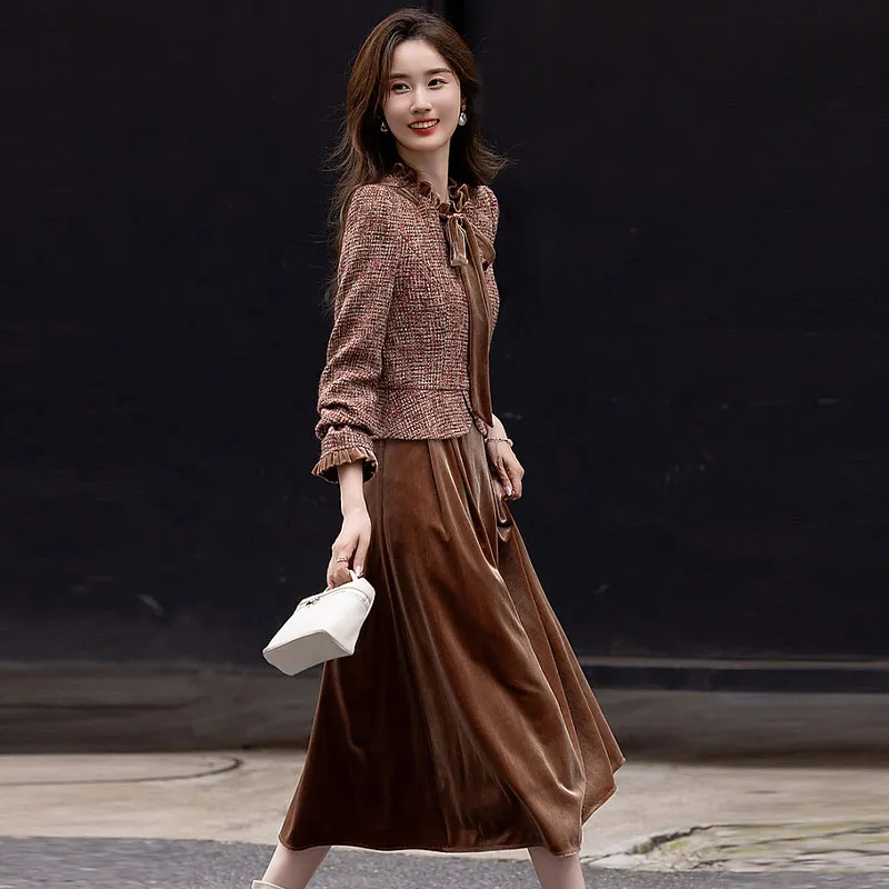 【dme】 Long Sleeved Dresses Women's Brown Red-3