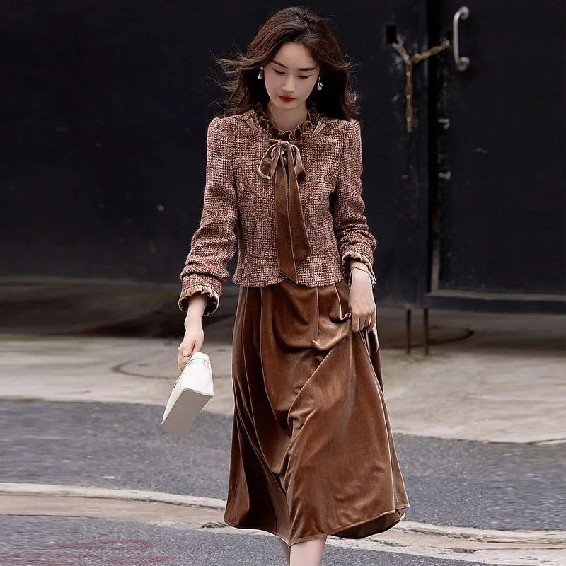 【dme】 Long Sleeved Dresses Women's Brown Red-2