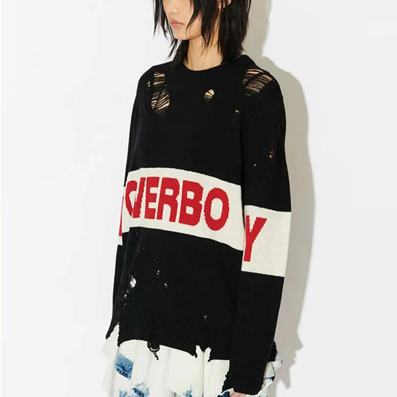 CHARLES JEFFREY Loverboy Logo intarsia Distressed Sweater-1