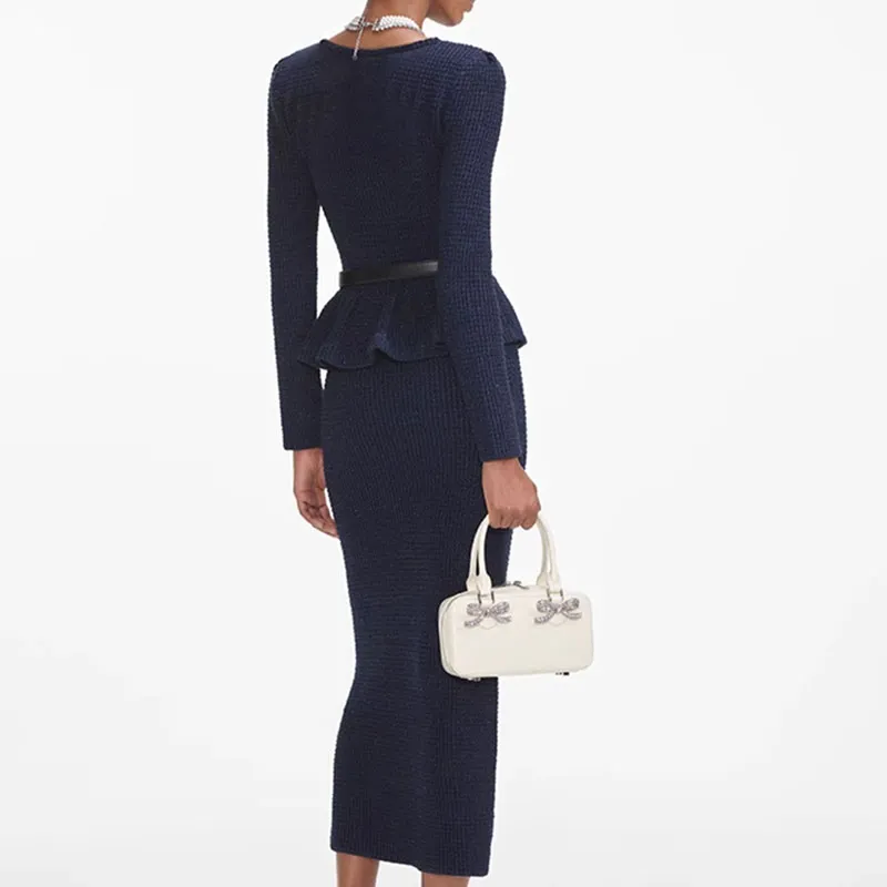 Self portrait Long Sleeved Dresses Women's Navy Blue Belt Not Included-2