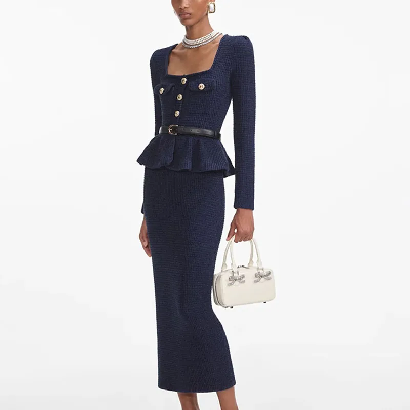 Self portrait Long Sleeved Dresses Women's Navy Blue Belt Not Included-1