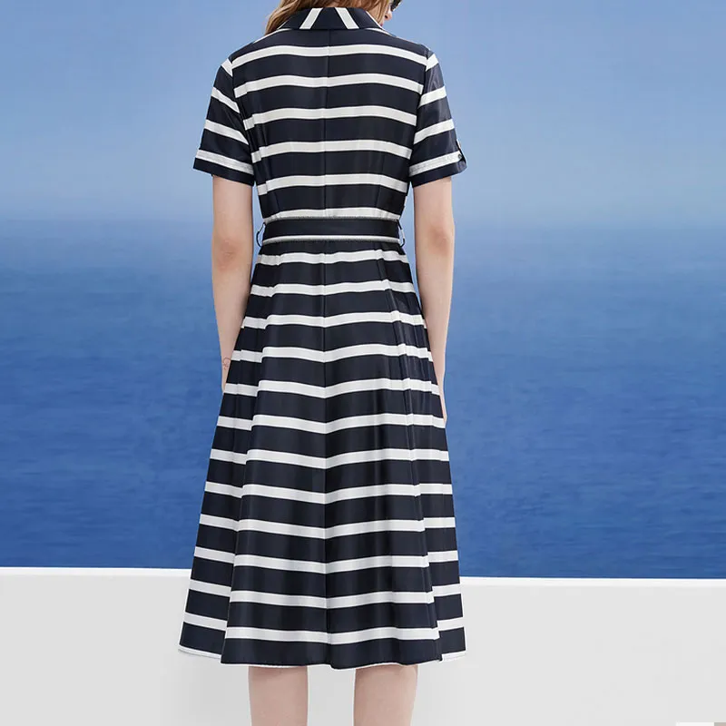 DKNY Short Sleeved Dress Women's Navy Blue Stripes-2