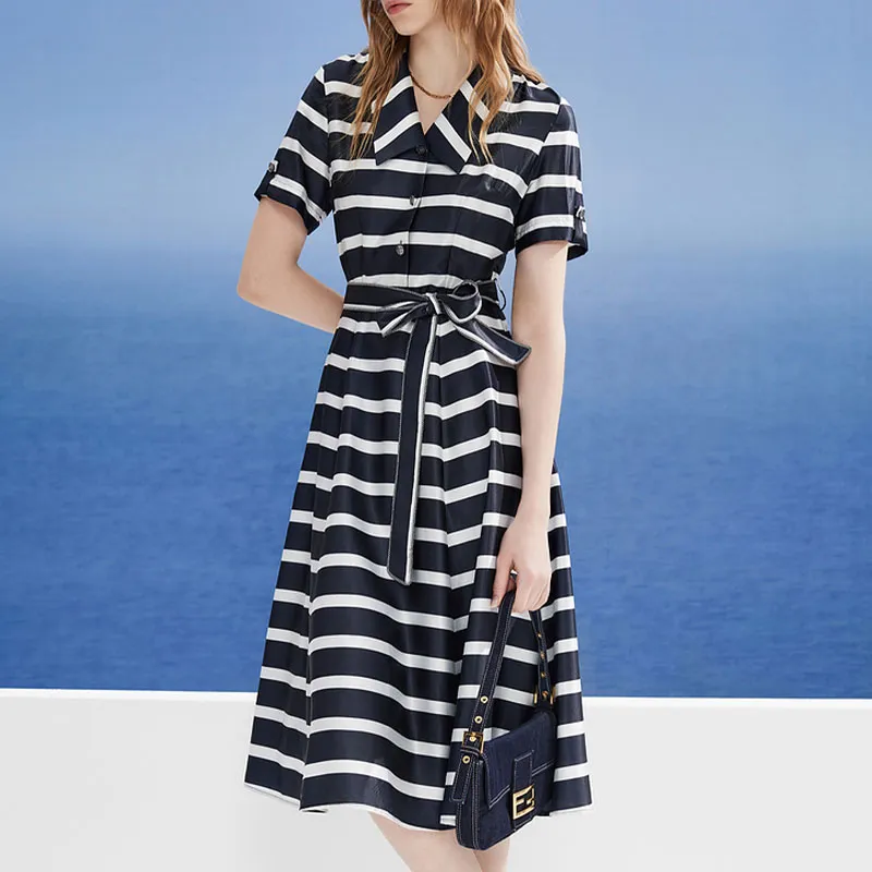 DKNY Short Sleeved Dress Women's Navy Blue Stripes-3