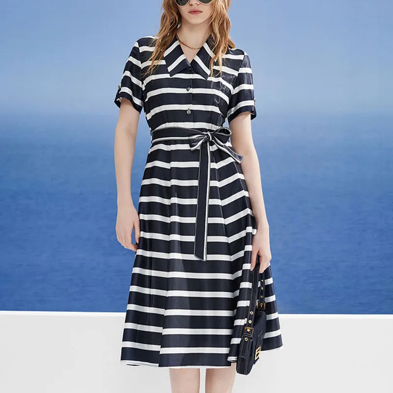 DKNY Short Sleeved Dress Women's Navy Blue Stripes-1