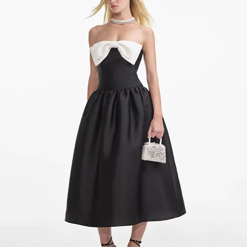 Self-portrait Taffeta Contrast Bow Midi Dress-3