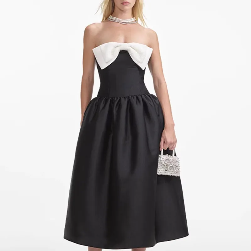 Self-portrait Taffeta Contrast Bow Midi Dress-1
