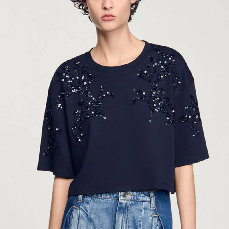 Sandro Rhinestone embellished T shirt-3
