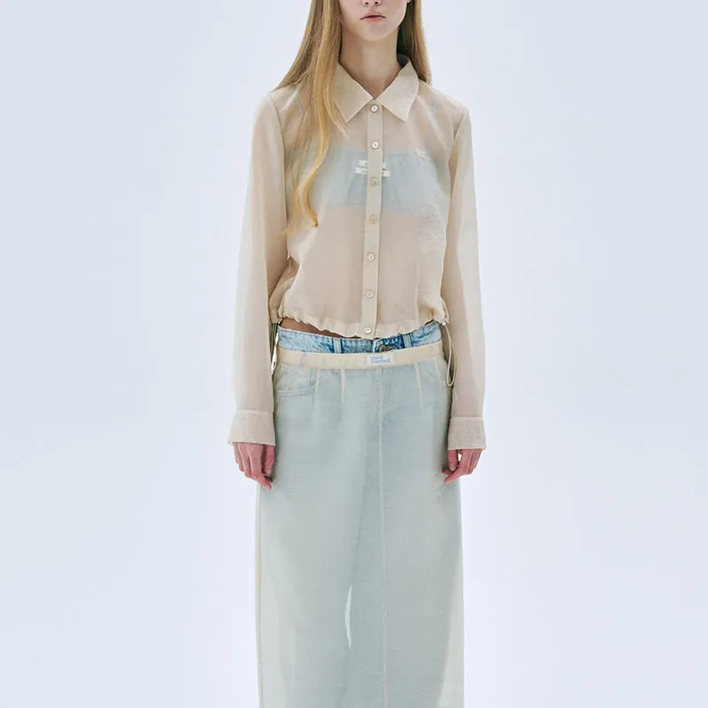 MARDI MERCREDI SS25 SHEER CROPPED BLOUSE STRING_CREAM Shirt Korean Style Women's Beige Yellow-3