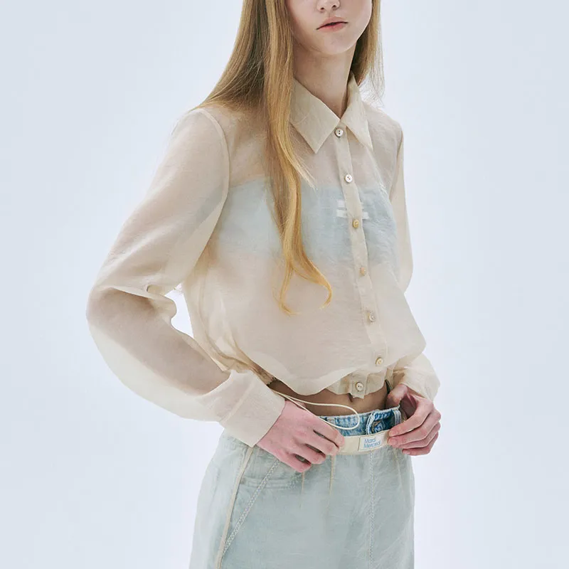 MARDI MERCREDI SS25 SHEER CROPPED BLOUSE STRING_CREAM Shirt Korean Style Women's Beige Yellow-2