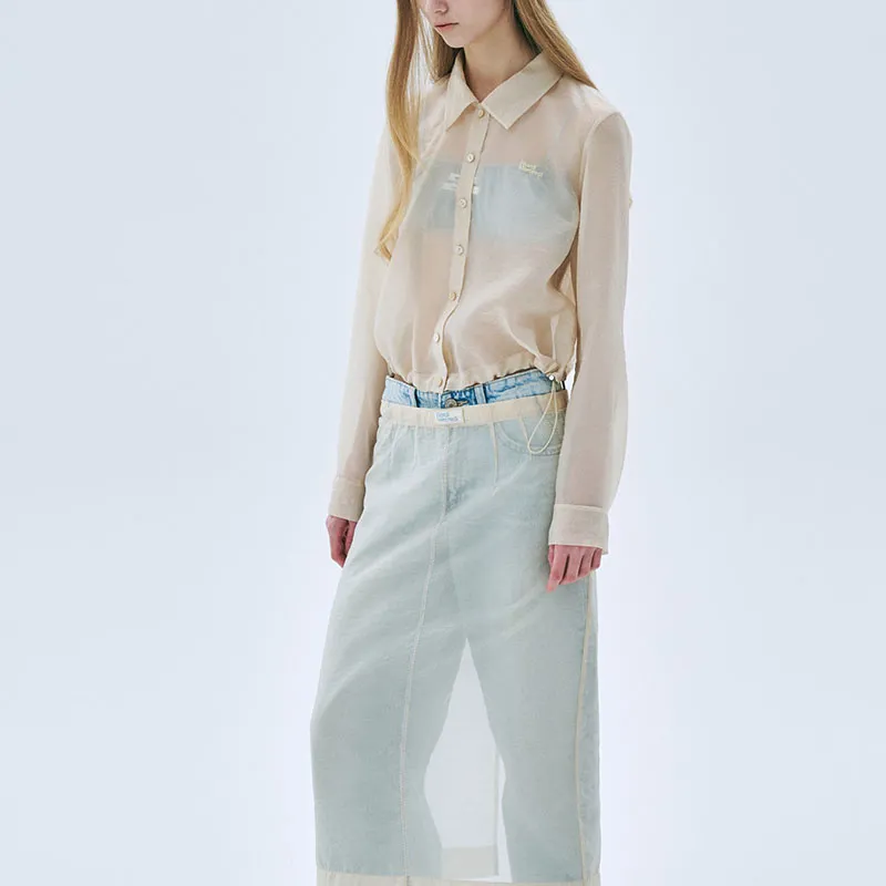 MARDI MERCREDI SS25 SHEER CROPPED BLOUSE STRING_CREAM Shirt Korean Style Women's Beige Yellow-1