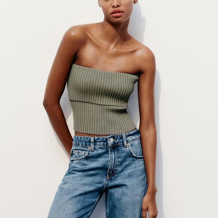 ZARA Crop Tops Women's Khaki-2