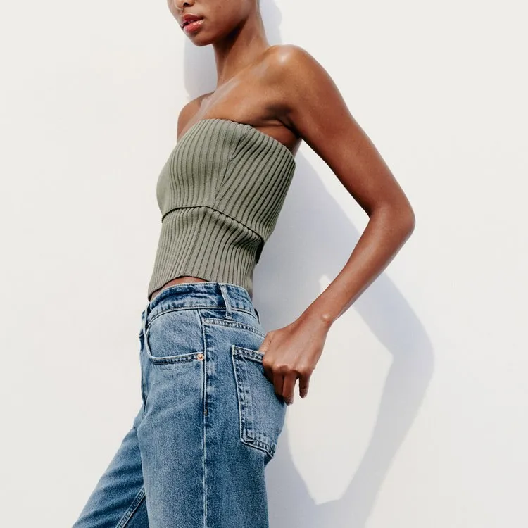 ZARA Crop Tops Women's Khaki-4