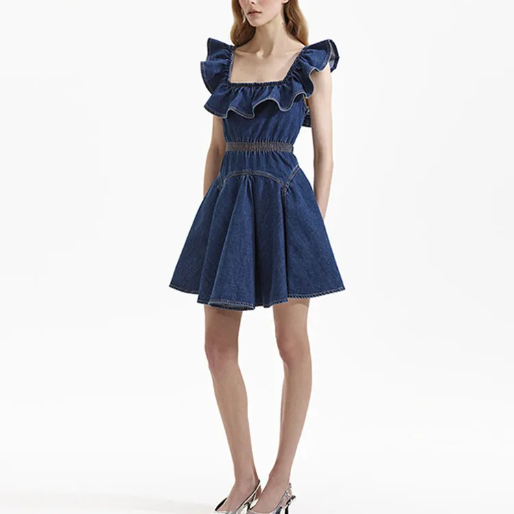 Self portrait Short Sleeved Dresses Women's Denim Blue-3
