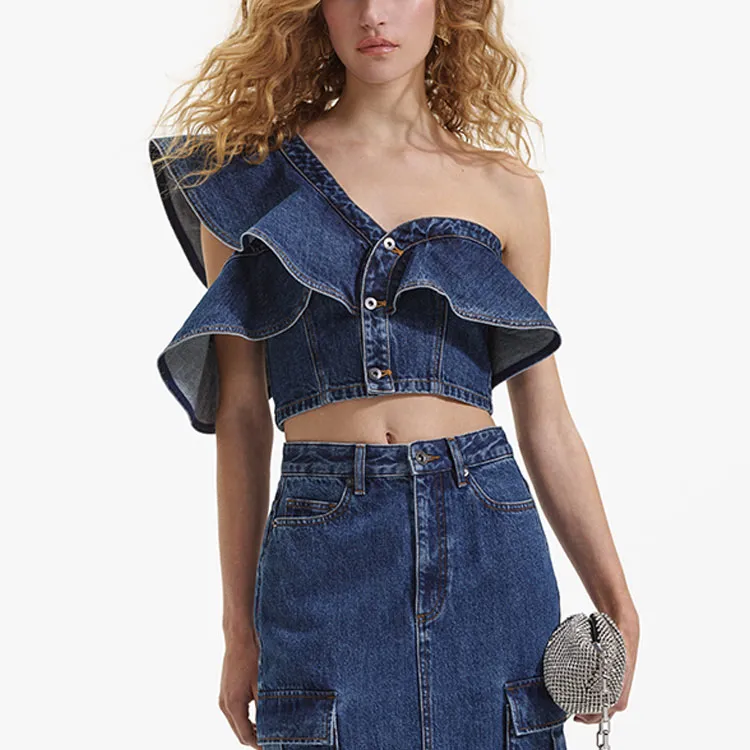 Self portrait One shoulder Denim Top-3