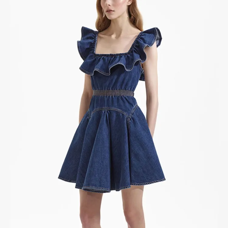 Self portrait Short Sleeved Dresses Women's Denim Blue-1
