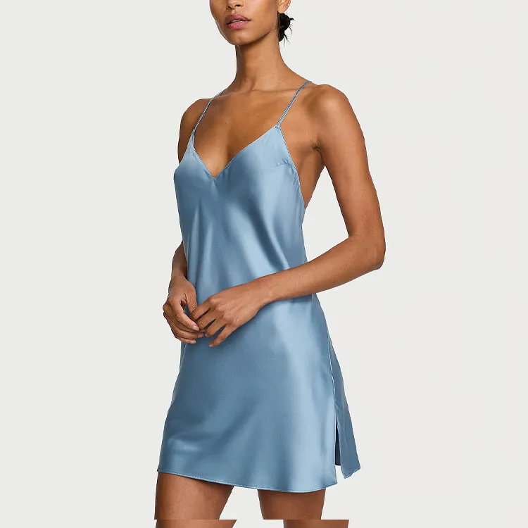 Victoria's Secret Satin Open Back Slip/FD Nightgown Women's Blue-1
