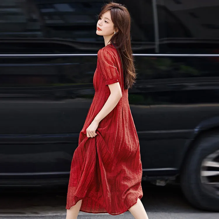 Mo Han Yi Mei Short Sleeved Dress Women's Berry Red-3