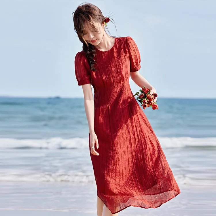 Mo Han Yi Mei Short Sleeved Dress Women's Berry Red-1