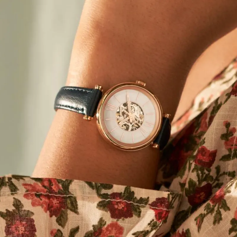 FOSSIL Carlie Collection Wrist Watch Automatic Mechanical Movement Leather Watch Bands 28mm White Dial Women's Watch-4