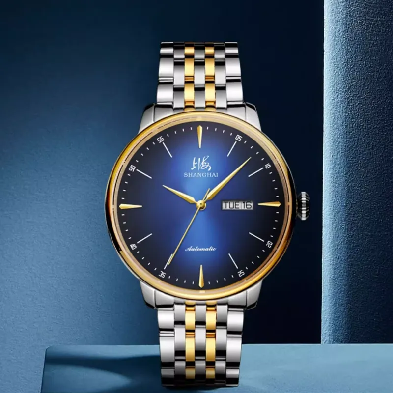 SHANGHAI Automatic Mechanical Movement Stainless Steel Watchband Watch Men's Watches Blue Dial-2