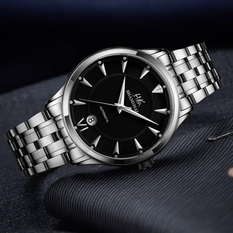 SHANGHAI Automatic Mechanical Movement Stainless Steel Watchband Watch Men's Watches Black Dial-2