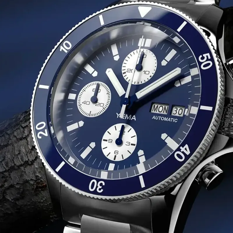 YEMA Wrist Watch Automatic Mechanical Movement Stainless Steel Strap 40mm Blue Dial Unisex-3