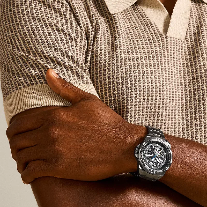 FOSSIL Wrist Watch Automatic Mechanical Movement Stainless Steel Strap 44mm Cut Out Dial Men's Watches-3