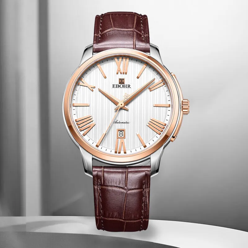 EBOHR Premium Collection Automatic Mechanical Movement Genuine Leather Strap Watch Men's Watches White Dial-1